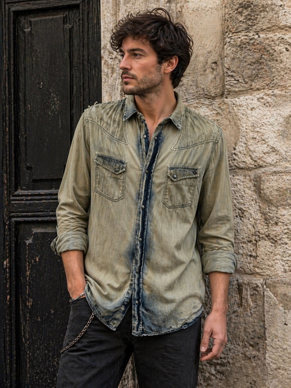 Vintage Diesel Western Shirt Distressed Denim Olive Faded Snaps Y2K Festival